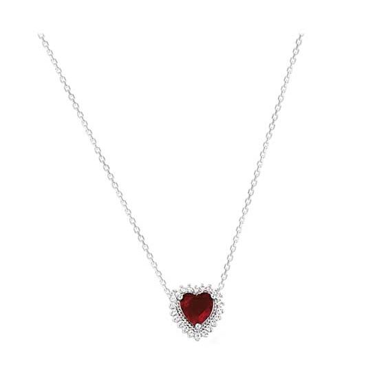 Collier argent rhodié cœur pierre rouge serti oxydes – C401X608R