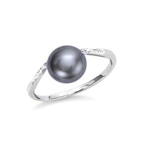 Bague argent rhodié forme bague perle synthétique grise   oxydes
