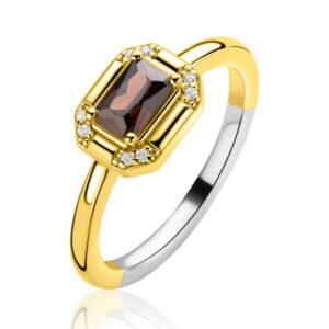 Bague ZINZI en argent plaqué or avec sertissage octogonal et pierre brune